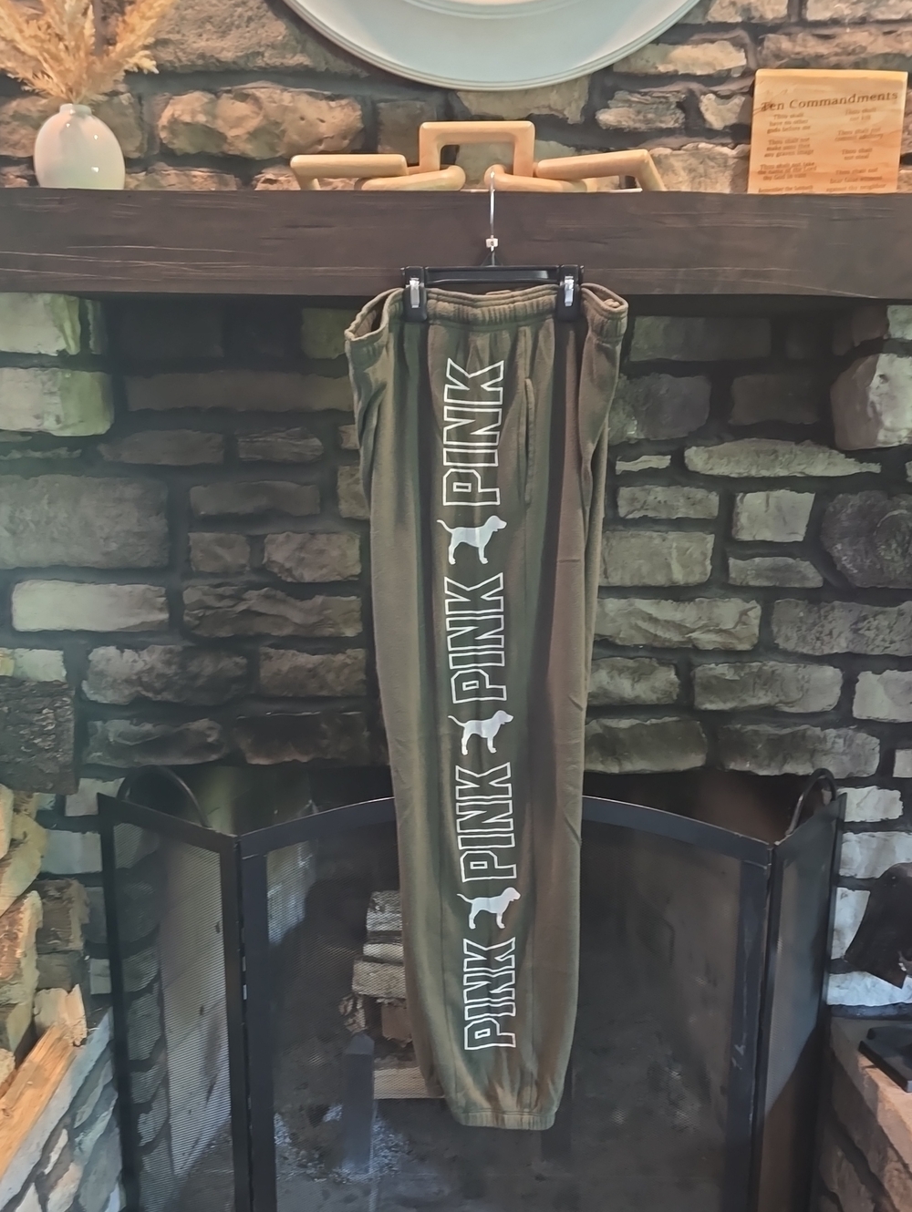 PINK Victoria's Secret Olive Green Logo Track Joggers